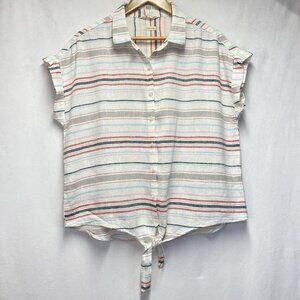Weatherproof Vintage Washable Linen Tie Knot Button-Up Shirt Women Ivory Striped